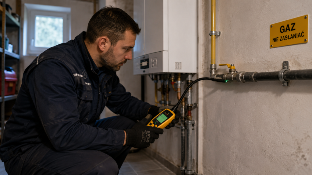 Technik szuka wycieku gazu